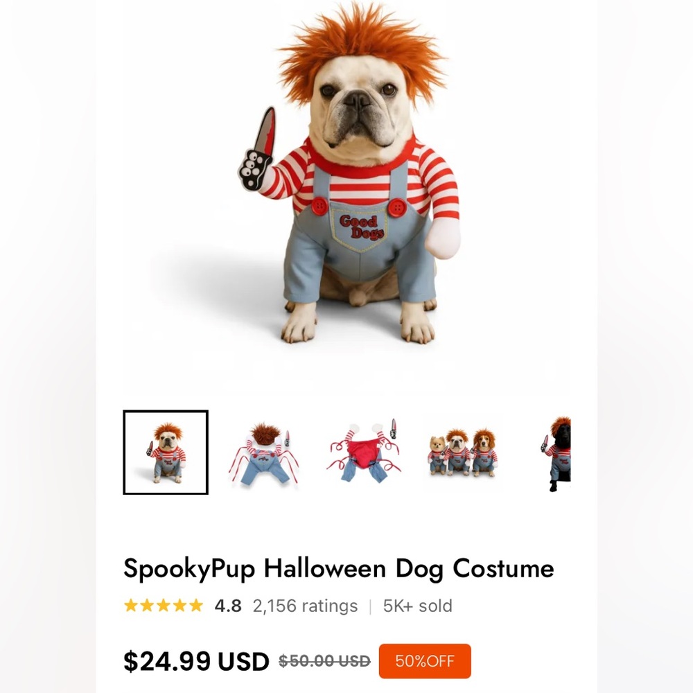 CHUCKY Halloween costume for medium dogs
New in bag